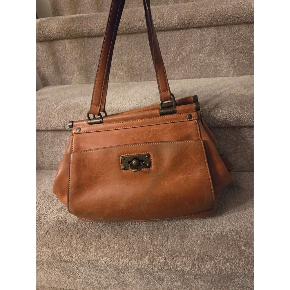 Frye "Farrah" Tote Bag Brown Leather w/ Antique Brass-Tone Logo Lock Tag